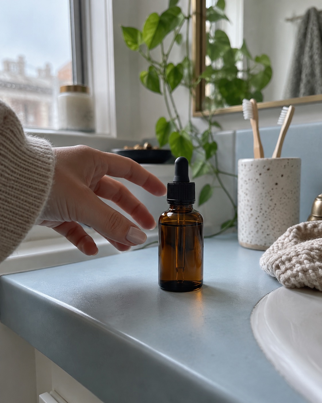 Concept photograph of a skincare product in an everyday bathroom setting